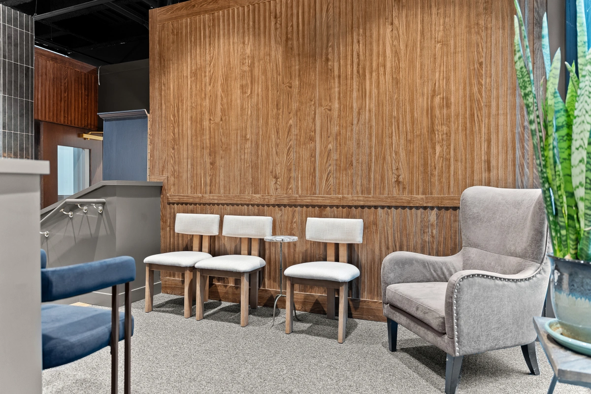 Dental office seating area with comfortable chairs in waiting space